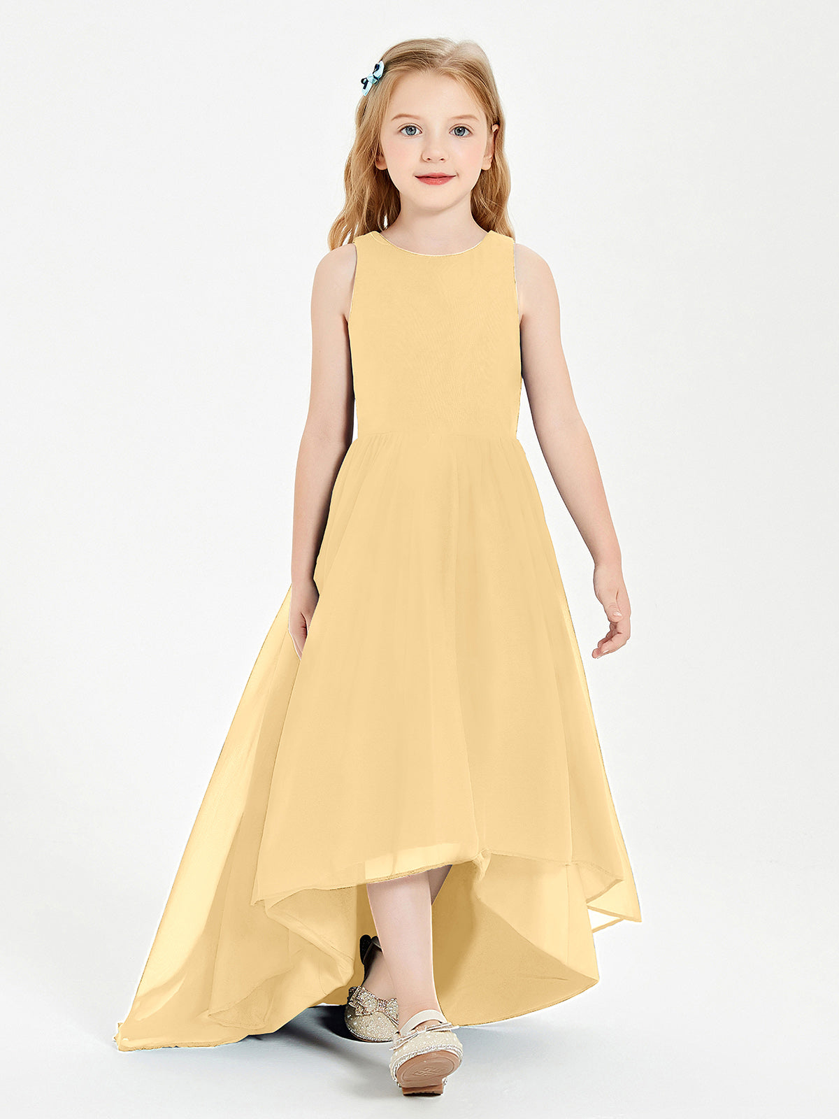 Asymmetrical Junior Bridesmaid Dresses with Scoop Neckline Gold